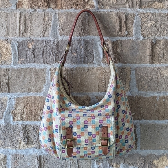 Fossil Tate Hobo Shoulder Bag Natural Floral Canvas Leather Y2K - Picture 15 of 15